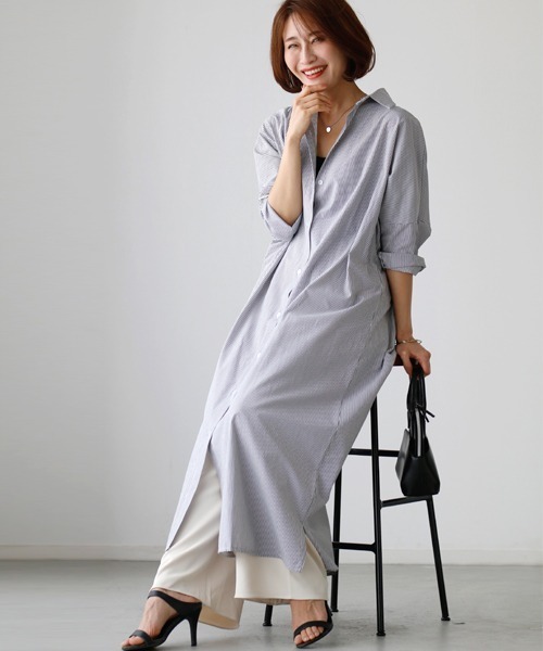 Ehre style(エーレスタイル)の「しっかりロング丈!ゆるシャツ3wayワンピース(シャツワンピース・レディース・ブラック/ブルー・FREE)」の1枚目の写真
