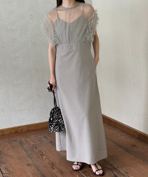 Per sist ence（パーシエンス）の「チュール×クレープドッキングフリルワンピース（ドレス・レディース・グレー/ブラック/グレイッシュベージュ・FREE）」の6枚目の写真