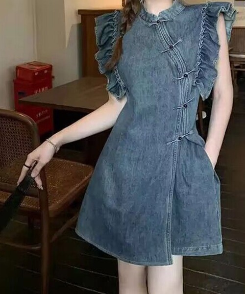 チャイナ風フリルチュニックデニムトップス×デニムショートパンツ セットアップ