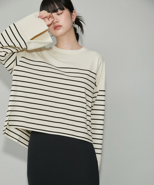 ADAM ET ROPE'(アダムエロペ)の「【WEB限定・洗える】バスクボーダージップディテールロンT(Tシャツ/カットソー・レディース・ブラック系その他/オフホワイト/ベージュ系その他・FREE)」の2枚目の写真