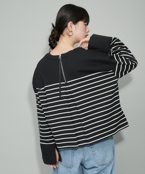 ADAM ET ROPE'(アダムエロペ)の「【WEB限定・洗える】バスクボーダージップディテールロンT(Tシャツ/カットソー・レディース・ブラック系その他/オフホワイト/ベージュ系その他・FREE)」の4枚目の写真