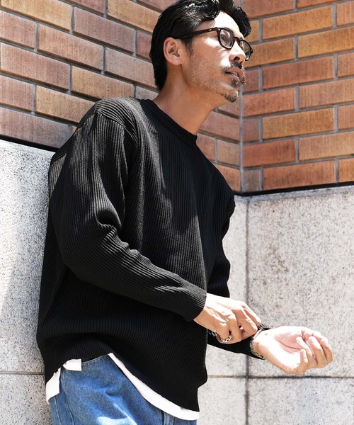 セール】パフカルウォッシャブルワッフルクルーネック畦編みニット