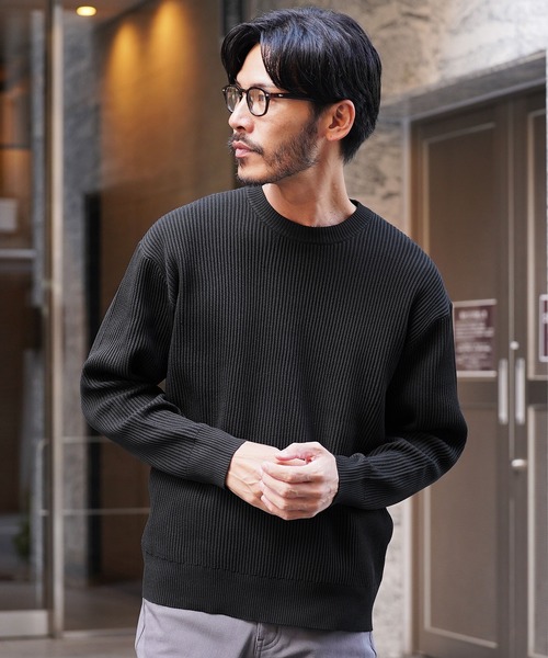 セール】パフカルウォッシャブルワッフルクルーネック畦編みニット