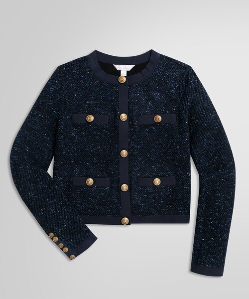【未使用】Brooks Brothers ノーカラーツイードジャケット金ボタンS セール】ウールブレンド ドネガルツイード ノーカラー ニット