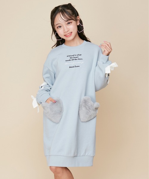 JENNI love（ジェニィラブ）の「【コットン100％】そでレースアップトレーナーワンピ（ワンピース・キッズ・ピンク/サックスブルー/ブラック・130cm/140cm/150cm/160cm）」の2枚目の写真