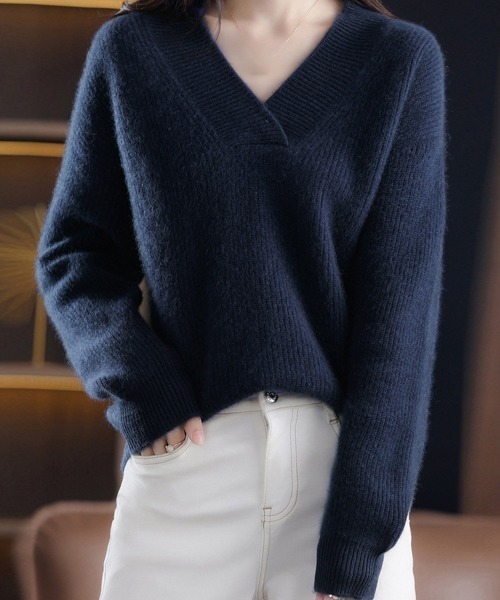 Miniministore(ミニミニストア)の「vネック ニットセーター レディース秋冬(ニット/セーター・レディース・ダークグレー/ブルー/モカ/ネイビー/ベージュ・FREE)」の7枚目の写真