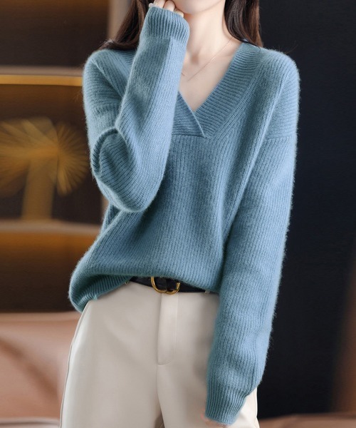 Miniministore(ミニミニストア)の「vネック ニットセーター レディース秋冬(ニット/セーター・レディース・ダークグレー/ブルー/モカ/ネイビー/ベージュ・FREE)」の8枚目の写真