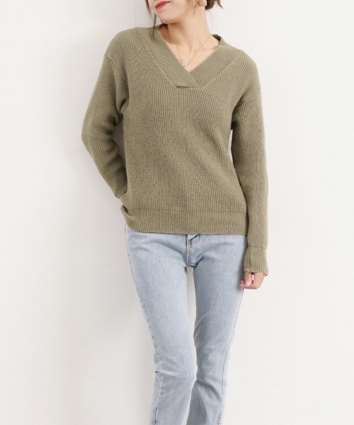 Miniministore(ミニミニストア)の「vネック ニットセーター レディース秋冬(ニット/セーター・レディース・ダークグレー/ブルー/モカ/ネイビー/ベージュ・FREE)」の12枚目の写真