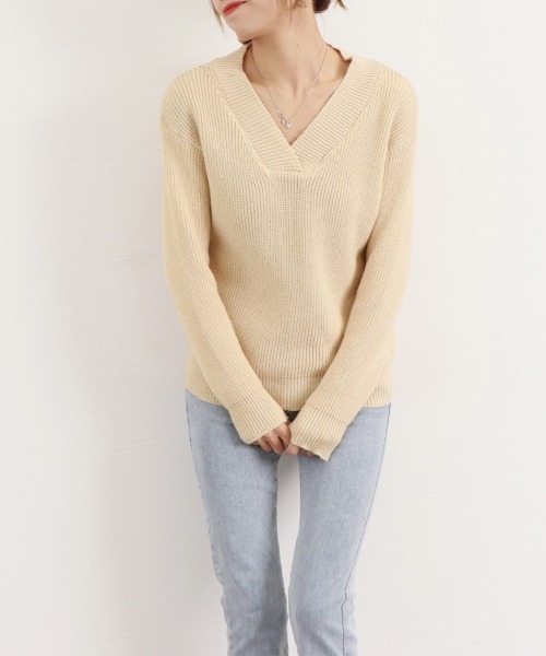 Miniministore(ミニミニストア)の「vネック ニットセーター レディース秋冬(ニット/セーター・レディース・ダークグレー/ブルー/モカ/ネイビー/ベージュ・FREE)」の14枚目の写真