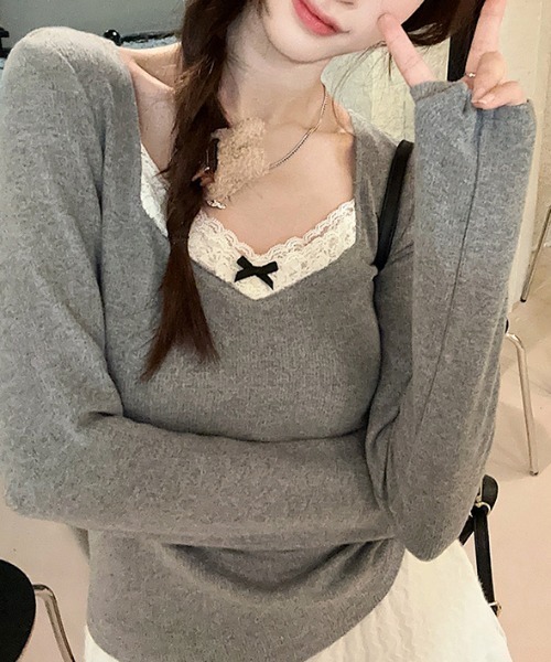 ViViDAY(ビビデー)の「レースリボン長袖カットソー(Tシャツ/カットソー・レディース・ホワイト/グレー・M)」の1枚目の写真