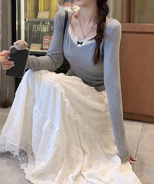 ViViDAY(ビビデー)の「レースリボン長袖カットソー(Tシャツ/カットソー・レディース・ホワイト/グレー・M)」の3枚目の写真