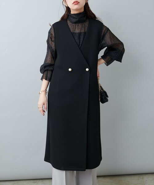 natural couture(ナチュラルクチュール)の「オケージョン対応可 / ノーカラーWブレストジレ(その他アウター・レディース・ブラック/アイボリー・FREE)」の2枚目の写真