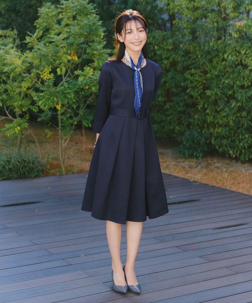 CYCLAS シクラス フレア ワンピース ネイビー 濃紺 34 ベルト付き チェック柄フレア袖シアーワンピース（ワンピース）｜Tiaclasse