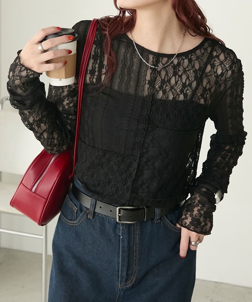 BONLECILL(ボンルシール)の「パッチワークレースプルオーバー/インナー(Tシャツ/カットソー・レディース・オフホワイト/ブラック/ブラック系/キナリ/アイボリー・FREE)」の5枚目の写真