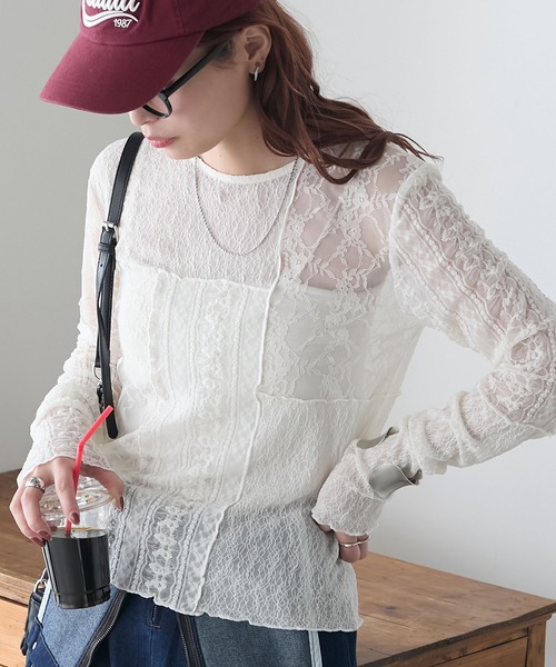 BONLECILL(ボンルシール)の「パッチワークレースプルオーバー/インナー(Tシャツ/カットソー・レディース・オフホワイト/ブラック/ブラック系/キナリ/アイボリー・FREE)」の2枚目の写真