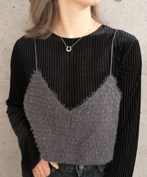 aquagarage(アクアガレージ)の「シアーベロアストライプ2wayメロートップス(Tシャツ/カットソー・レディース・ブラック・M)」の1枚目の写真