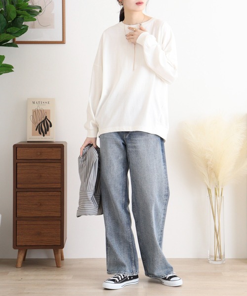 atONE（アットワン）の「ゆったりロングスリーブカットソー（Tシャツ/カットソー・レディース・チャコールグレー/杢グレー/ミント/オフホワイト/ブラック・4L～5L/M-L/LL～3L）」の14枚目の写真