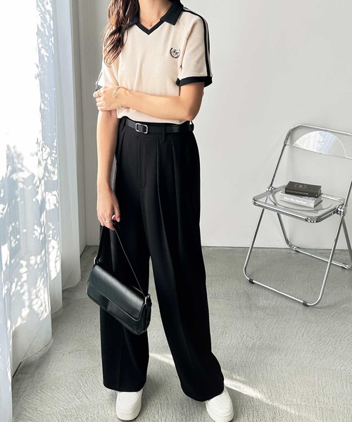 FIRST MOOD(ファーストムード)の「《FIRSTMOODコラボ》ダブルラインロゴ刺繍ポロ衿ワッフルTシャツ(Tシャツ/カットソー・レディース・アイボリー/ブラック・MEDIUM/LARGE)」の4枚目の写真