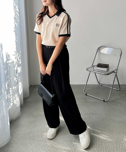 FIRST MOOD(ファーストムード)の「《FIRSTMOODコラボ》ダブルラインロゴ刺繍ポロ衿ワッフルTシャツ(Tシャツ/カットソー・レディース・アイボリー/ブラック・MEDIUM/LARGE)」の6枚目の写真