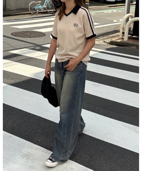 FIRST MOOD(ファーストムード)の「《FIRSTMOODコラボ》ダブルラインロゴ刺繍ポロ衿ワッフルTシャツ(Tシャツ/カットソー・レディース・アイボリー/ブラック・MEDIUM/LARGE)」の19枚目の写真