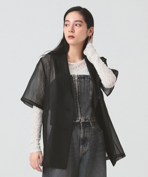 Ray BEAMS(レイビームス)の「オーガンジー ハーフスリーブ ジャケット(テーラードジャケット・レディース・ベージュ/ブラック・0/1)」の9枚目の写真