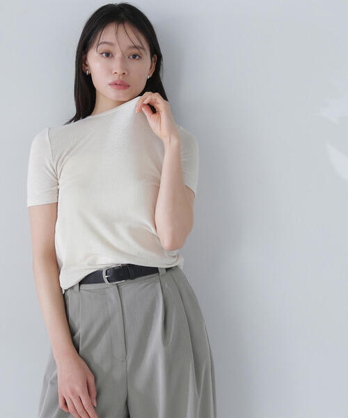 NATURAL BEAUTY BASIC(ナチュラルビューティーベーシック)の「◇【Oggi掲載】シアーストレッチTシャツ(Tシャツ/カットソー・レディース・ベージュ/チャコールグレー/オフホワイト・FREE)」の1枚目の写真
