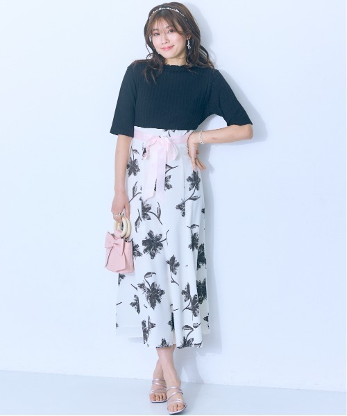 大きいサイズ＞五分袖ドッキング花柄ワンピース marun（ワンピース