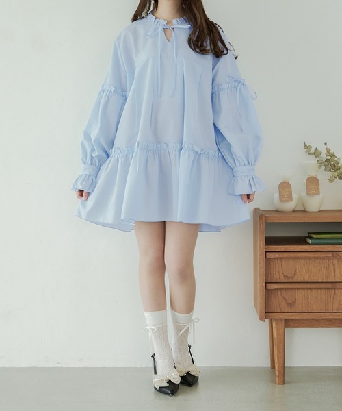 Ambre Neige(アンブルネージュ)の「ribbon frill tunic shirt / リボンフリルチュニックシャツ(シャツ/ブラウス・レディース・ライトブルー/オフホワイト・FREE)」の15枚目の写真