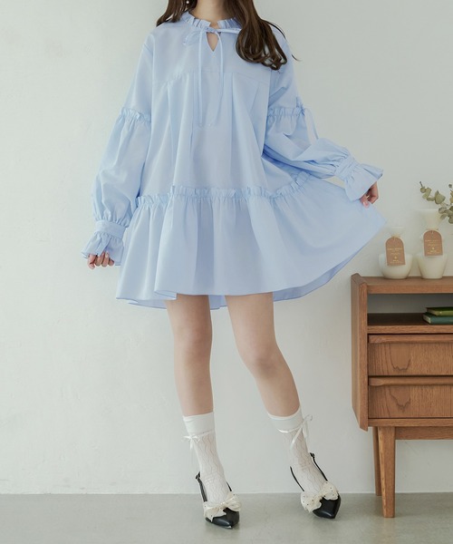 Ambre Neige(アンブルネージュ)の「ribbon frill tunic shirt / リボンフリルチュニックシャツ(シャツ/ブラウス・レディース・ライトブルー/オフホワイト・FREE)」の13枚目の写真