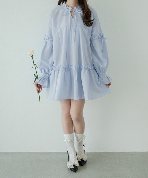 Ambre Neige(アンブルネージュ)の「ribbon frill tunic shirt / リボンフリルチュニックシャツ(シャツ/ブラウス・レディース・ライトブルー/オフホワイト・FREE)」の14枚目の写真