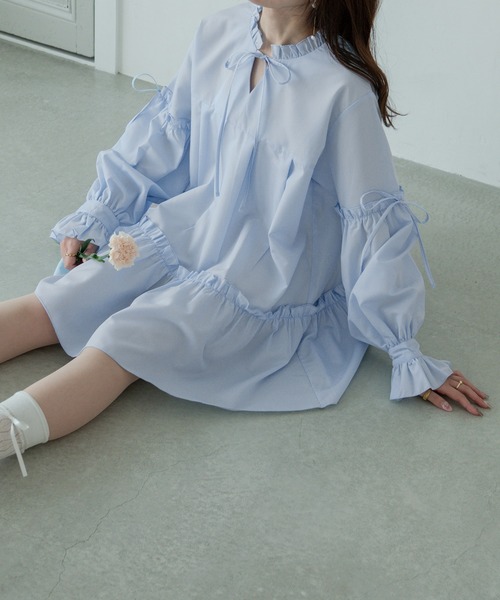 Ambre Neige(アンブルネージュ)の「ribbon frill tunic shirt / リボンフリルチュニックシャツ(シャツ/ブラウス・レディース・ライトブルー/オフホワイト・FREE)」の10枚目の写真