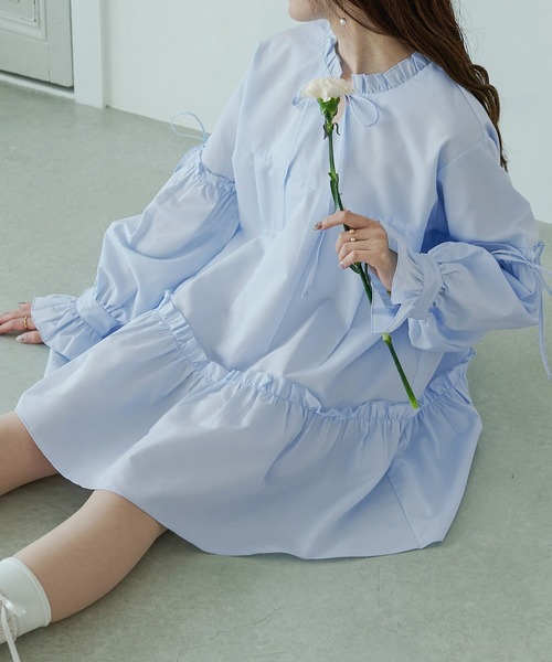 Ambre Neige(アンブルネージュ)の「ribbon frill tunic shirt / リボンフリルチュニックシャツ(シャツ/ブラウス・レディース・ライトブルー/オフホワイト・FREE)」の11枚目の写真