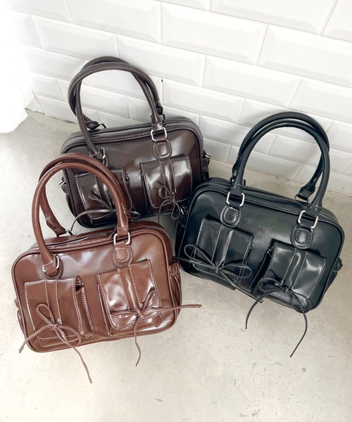 セール】ギャザーリボンダブルポケットスクエアボストンバッグ