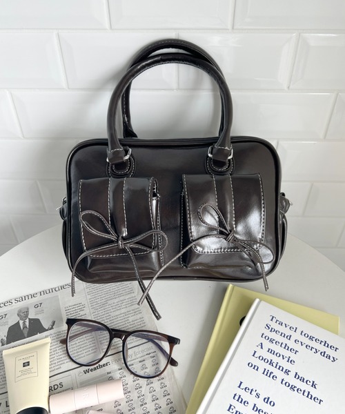 セール】ギャザーリボンダブルポケットスクエアボストンバッグ