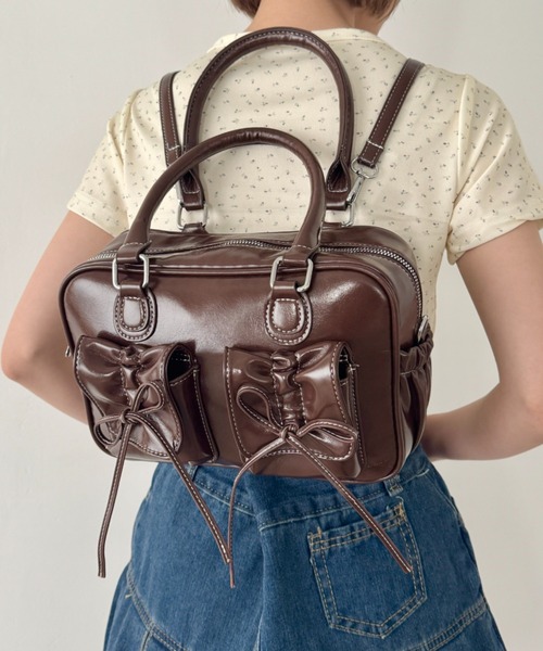 セール】ギャザーリボンダブルポケットスクエアボストンバッグ