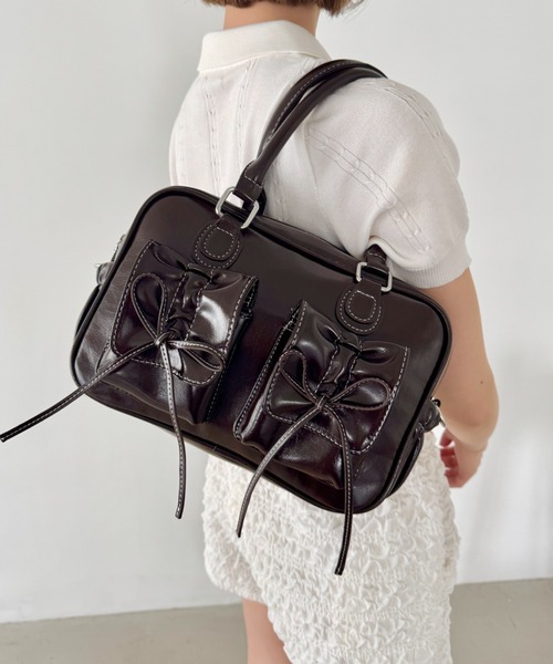 セール】ギャザーリボンダブルポケットスクエアボストンバッグ