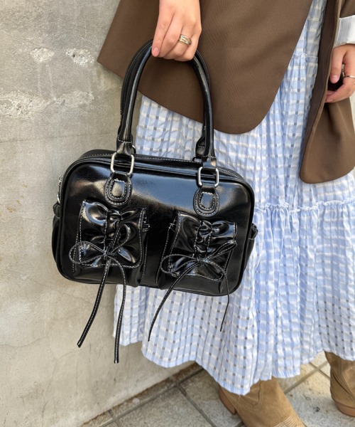 セール】ギャザーリボンダブルポケットスクエアボストンバッグ