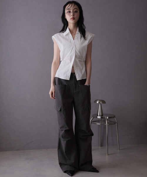 【美品】RYOGEN フレンチスリーブシャツ S ブラック tops-02548 ドロストデザイン フレンチスリーブ シャツ ホワイト