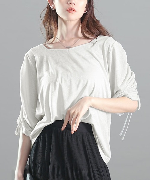 GOLDJAPAN(ゴールドジャパン)の「ダイヤモンドネック袖ドロストラメプルオーバー【大きいサイズ対応】(Tシャツ/カットソー・レディース・オフホワイト/ブラック/パープル・LL/3L/4L/5L)」の2枚目の写真