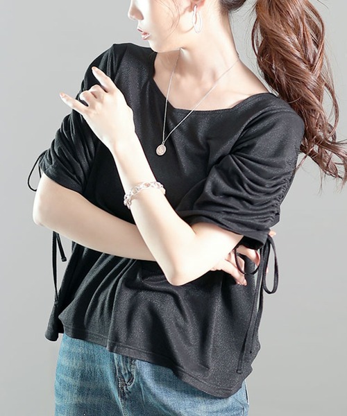 GOLDJAPAN(ゴールドジャパン)の「ダイヤモンドネック袖ドロストラメプルオーバー【大きいサイズ対応】(Tシャツ/カットソー・レディース・オフホワイト/ブラック/パープル・LL/3L/4L/5L)」の1枚目の写真