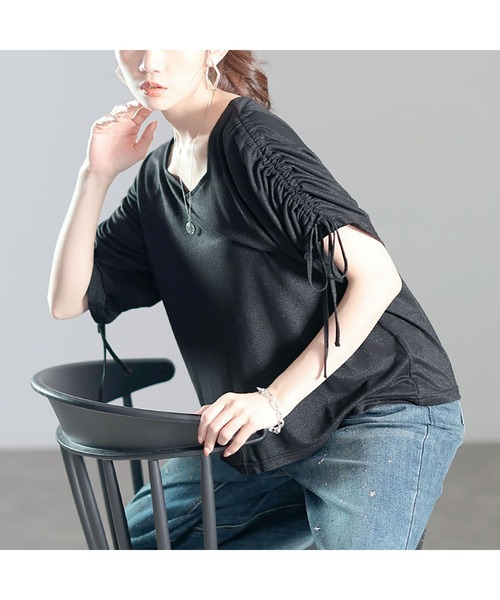 GOLDJAPAN(ゴールドジャパン)の「ダイヤモンドネック袖ドロストラメプルオーバー【大きいサイズ対応】(Tシャツ/カットソー・レディース・オフホワイト/ブラック/パープル・LL/3L/4L/5L)」の14枚目の写真