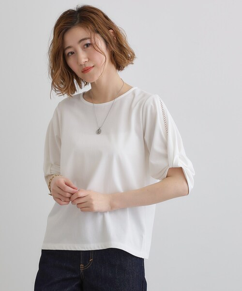 grove（グローブ）の「【接触冷感・UVカットetc】レース切替え袖ねじりプルオーバー（Tシャツ/カットソー・レディース・オフホワイト/スミクロ/ブルー・02/01/03/04/05）」の2枚目の写真