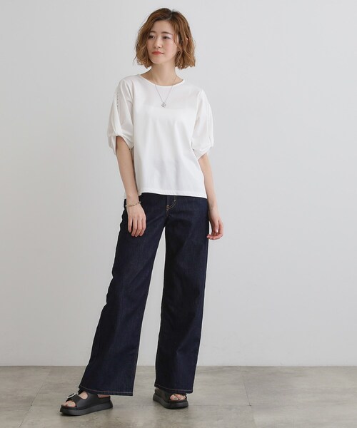 grove（グローブ）の「【接触冷感・UVカットetc】レース切替え袖ねじりプルオーバー（Tシャツ/カットソー・レディース・オフホワイト/スミクロ/ブルー・02/01/03/04/05）」の6枚目の写真