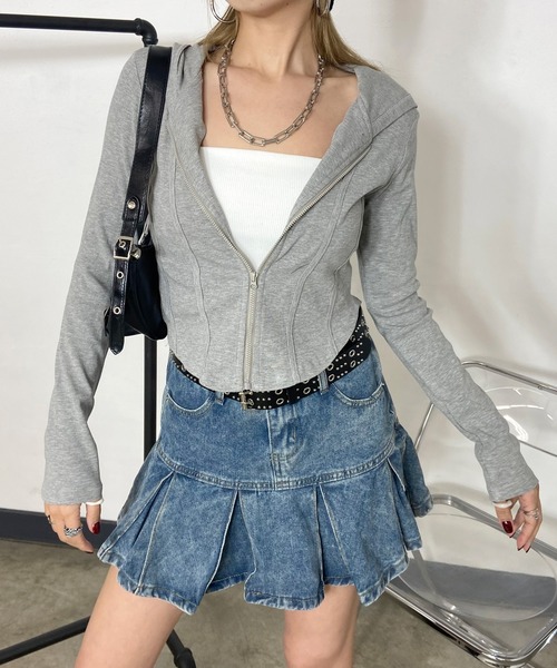 non-hedge(ノンヘッジ)の「切替ジップショート丈パーカー(パーカー・レディース・チャコールグレー/グレー/オフホワイト・FREE)」の1枚目の写真