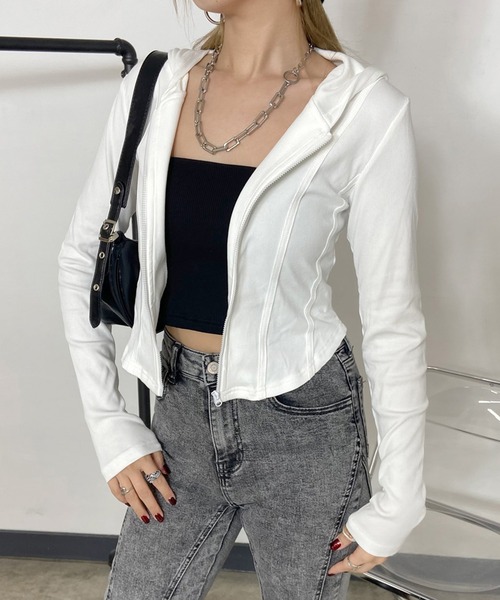 non-hedge(ノンヘッジ)の「切替ジップショート丈パーカー(パーカー・レディース・チャコールグレー/グレー/オフホワイト・FREE)」の2枚目の写真