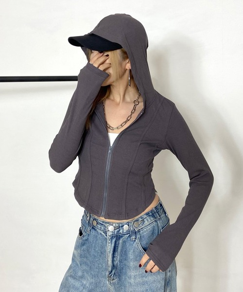 non-hedge(ノンヘッジ)の「切替ジップショート丈パーカー(パーカー・レディース・チャコールグレー/グレー/オフホワイト・FREE)」の17枚目の写真