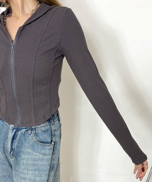 non-hedge(ノンヘッジ)の「切替ジップショート丈パーカー(パーカー・レディース・チャコールグレー/グレー/オフホワイト・FREE)」の13枚目の写真