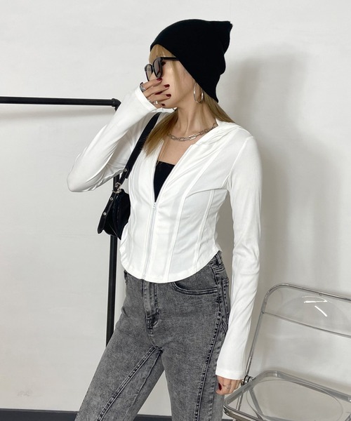 non-hedge(ノンヘッジ)の「切替ジップショート丈パーカー(パーカー・レディース・チャコールグレー/グレー/オフホワイト・FREE)」の5枚目の写真