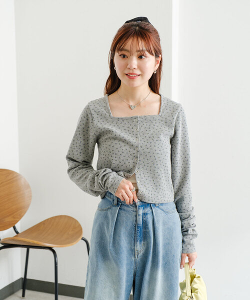 Kastane（カスタネ）の「【4色展開】小花柄スクエアサーマルカーディガン（カーディガン/ボレロ・レディース・ホワイト/アイボリー/グレー/ネイビー・FREE）」の10枚目の写真