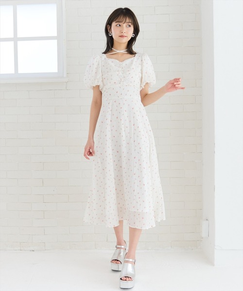 【GASA*】綿100% フラワープリントカットソーワンピース バルーンスリーブ フラワープリントバルーンスリーブワンピース（ワンピース